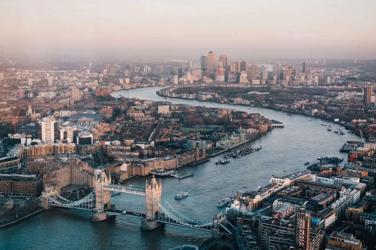 Aerial drone view of London, the River Thames and Tower Bridge captured by a survey-grade UAV